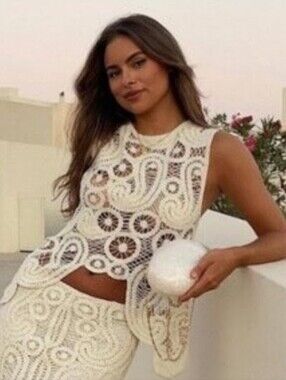 ZARA Blogger Fave Asymetric Crocheted Boho Top Ivory Straw S NWT RARE